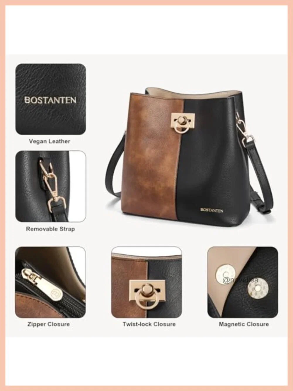 Vegan Leather Crossbody Bucket Bag Women's Purse Multiple Pockets Adjustable